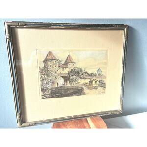 Antique European Castle Scene Art Print Wohlgemuth & Eisner Berlin Signed Framed